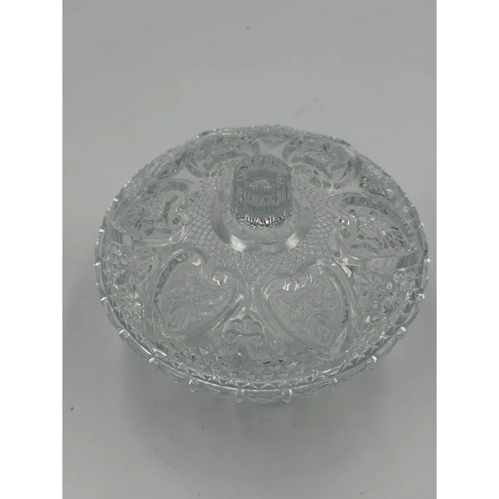 Vintage KIG Malaysia clear pressed glass candy dish with lid roses in hearts